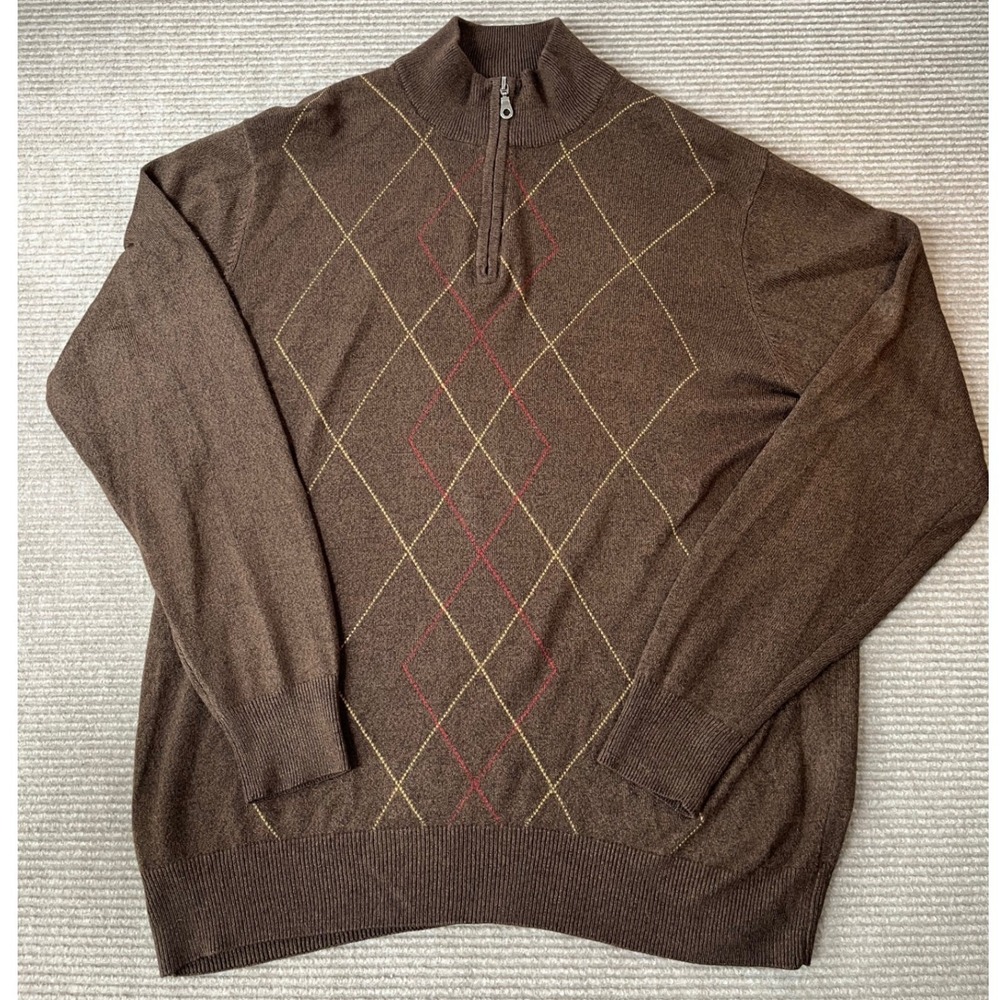 Dockers Mens XL Brown Argyle Quarter Zip Sweater Acrylic Mock Neck Pullover